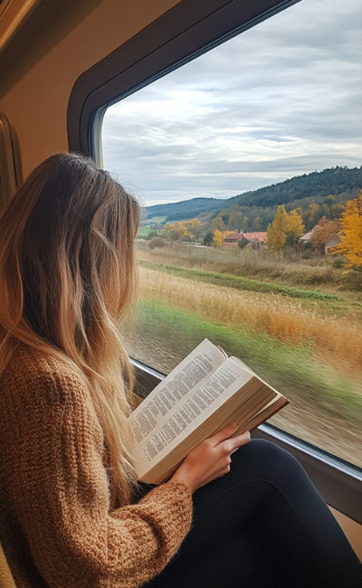 A woman enjoys a book while riding a train, showcasing the peaceful vibe of solo travel in Scotland.