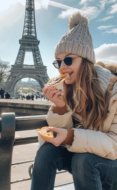 A woman enjoying a hot dog with the Eiffel Tower in the background, capturing her solo travel experience in Paris.